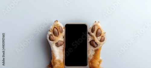 Dog is holding a phone in its paws. The phone is black and the dog's paws are brown