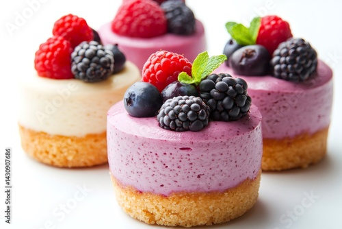 Obraz na płótnie Delicious mini cheesecakes decorated with fresh berries and mint leaves w salonie