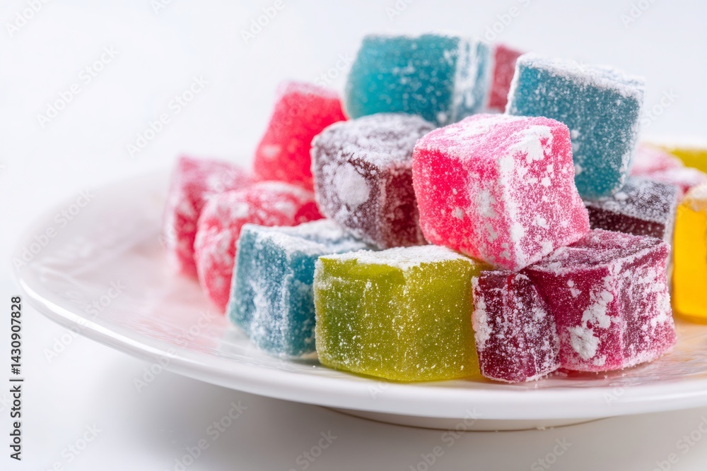 Colorful turkish delight on white plate forming a pyramid shape