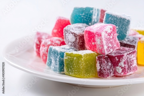 Obraz na płótnie Colorful turkish delight on white plate forming a pyramid shape w salonie