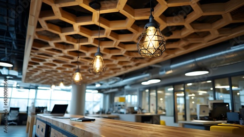 Fototapeta Naklejka Na Ścianę i Meble -  Modern, open-plan office space with distinctive honeycomb ceiling design.