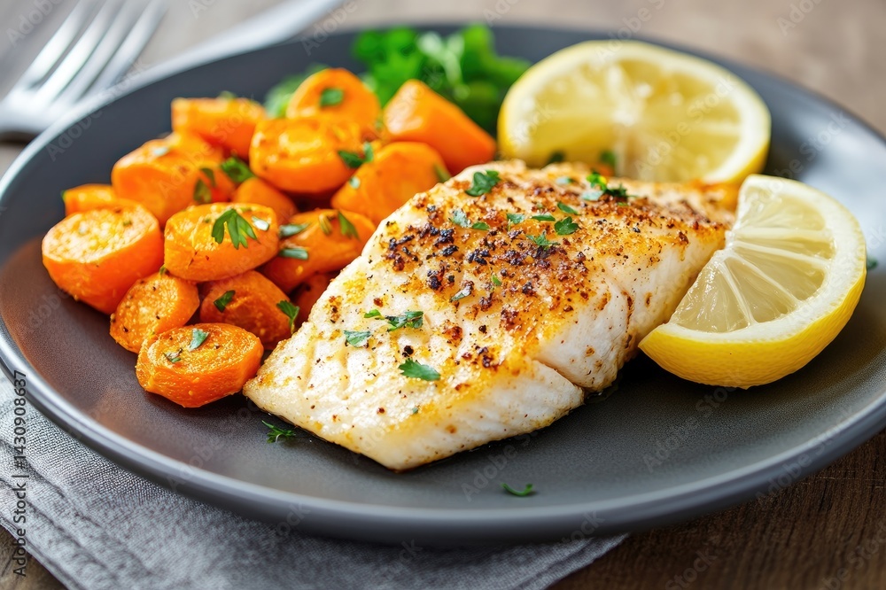 Delicious pan seared cod with roasted carrots and lemon wedges on gray plate