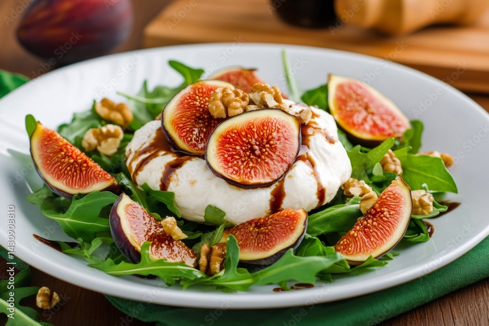 Delicious figs, burrata cheese, arugula, and walnuts salad drizzled with balsamic glaze