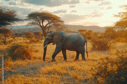 Obraz na płótnie Elephant walking in the african savannah at sunset w salonie