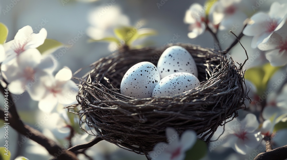 Obraz premium Three speckled bird eggs nestled in a twig nest amongst blossoming branches.