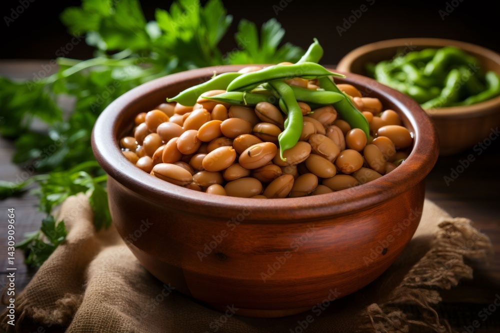 Yellow beans with green pods are served in wooden bowl