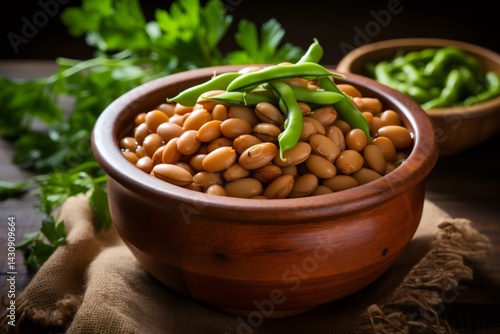 Yellow beans with green pods are served in wooden bowl
