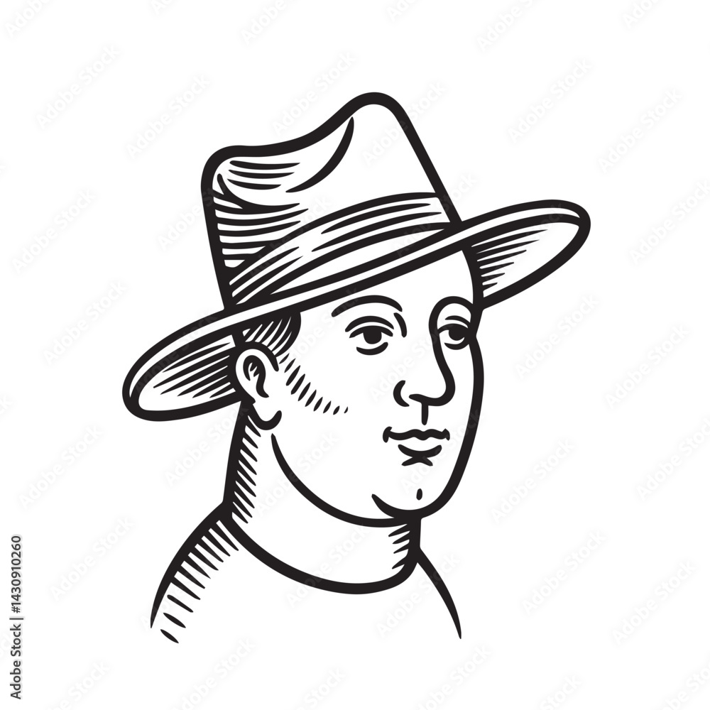 Fototapeta premium Man With Hat Silhouette - Minimal Line Art Drawing - man with hat silhouette - man with hat vector - man with hat doodle - hat illustration - man with hat line art