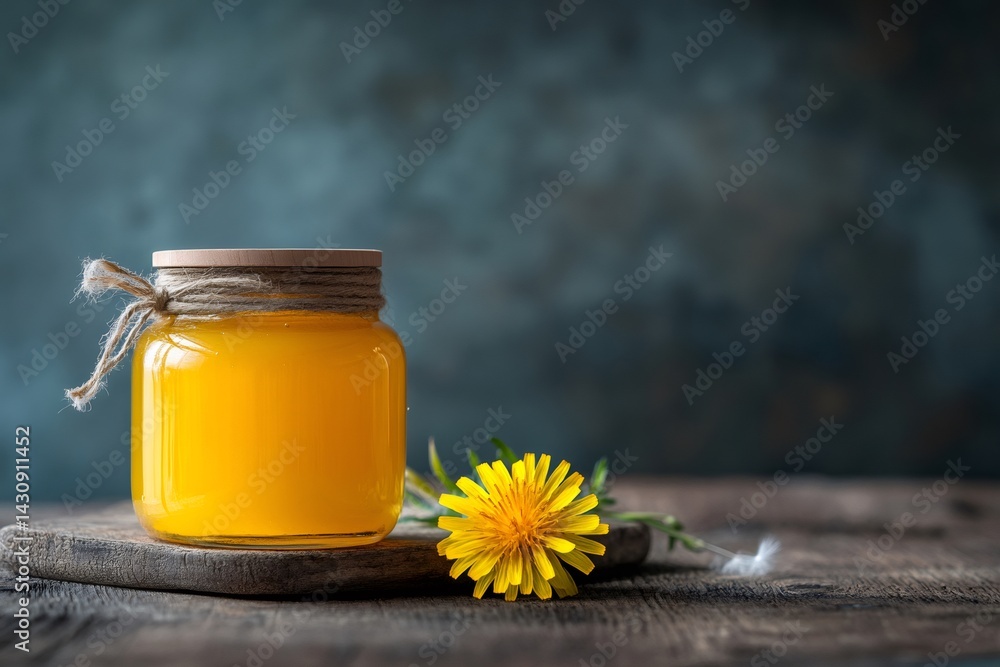 Glass jar of dandelion honey sitting on rustic wooden table