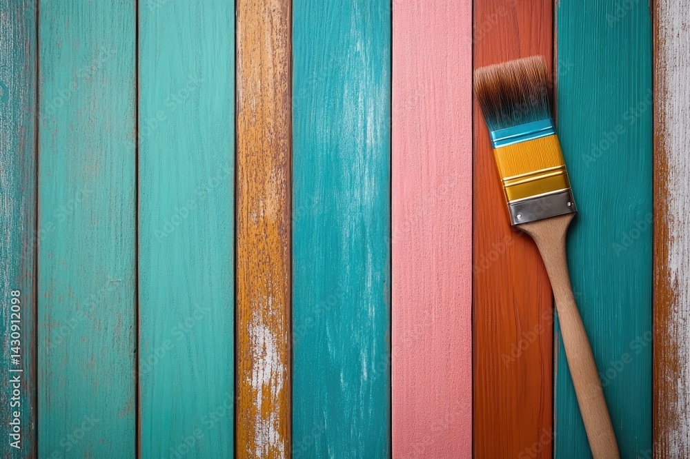 Paintbrush resting on multicolored wooden planks background