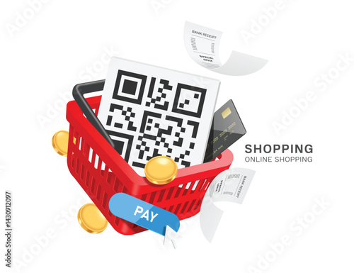 QR code for payment and credit card, placed in a red shopping basket with a pay button below, vector 3d isolated on white background for online shopping, financial, e commerce concept design