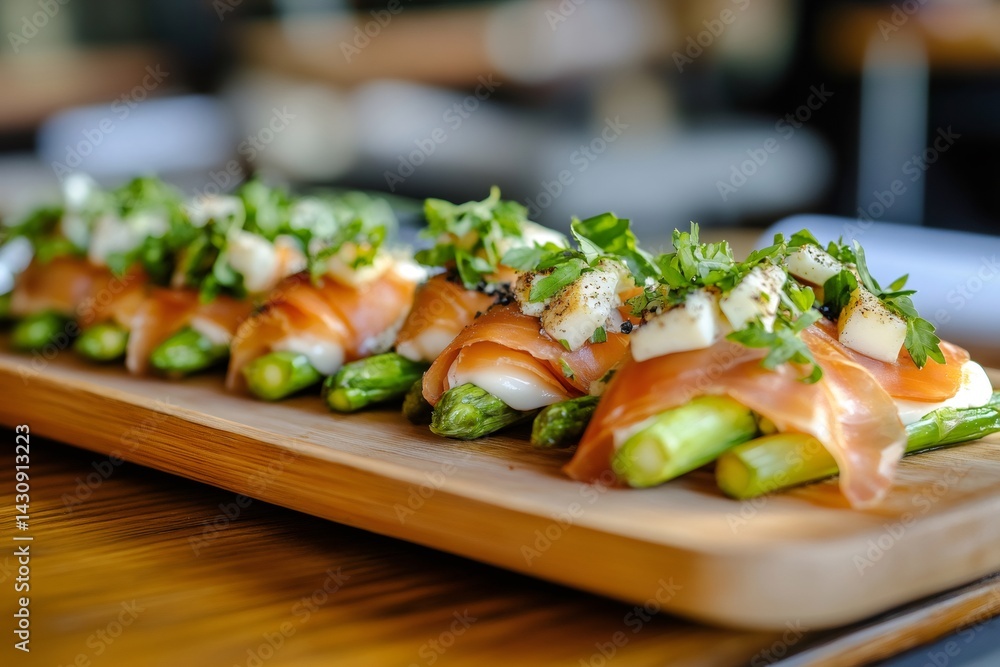 Asparagus wrapped in prosciutto with cheese and parsley on wooden board