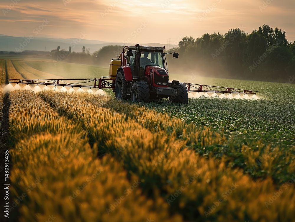 Fototapeta premium Modern Farming Tractor Spraying Pesticides on Grain Field
