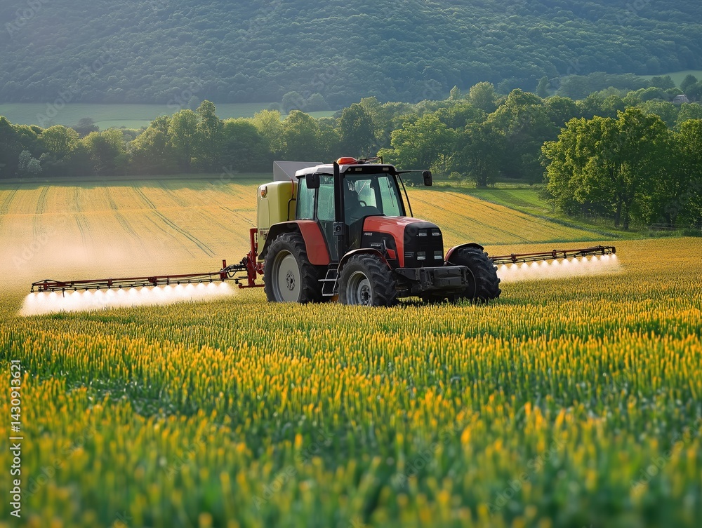 Fototapeta premium Modern Farming Tractor Spraying Pesticides on Grain Field