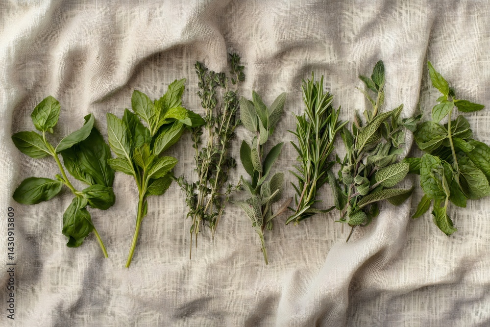 Fresh herbs lying on beige linen cloth for culinary purposes