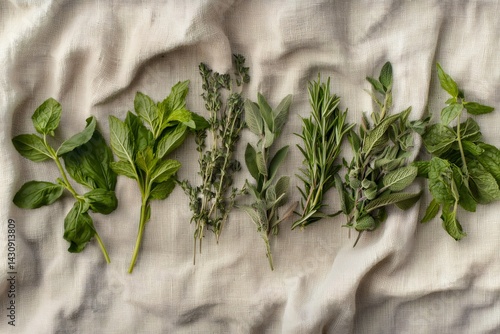 Obraz na płótnie Fresh herbs lying on beige linen cloth for culinary purposes w salonie