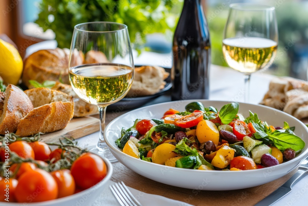 Mediterranean diet lunch with salad, wine, and bread on table