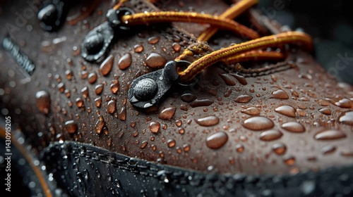 Waterproof hiking boot resisting water droplets in macro view