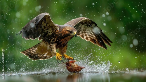 A dynamic raptorial bird in mid-flight, catching prey in a water splash.