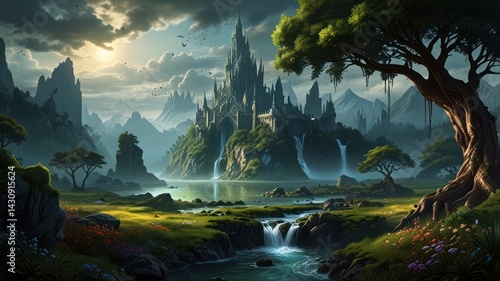 Majestic castle, serene valley, waterfalls, fantasy landscape; game, book illustration