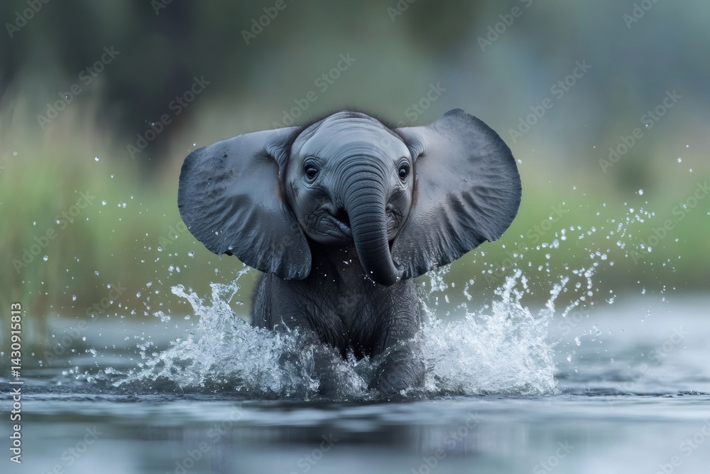 Baby elephant running and splashing in water