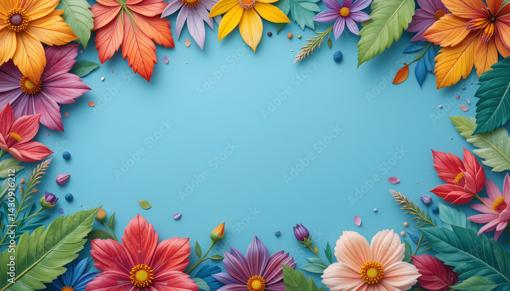 Obraz premium A vibrant and colorful floral frame featuring sunflowers, leaves, and various flowers, perfect for invitations, greeting cards, and spring-themed designs.