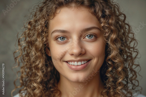 Face of smiling curly woman on blurred background wall