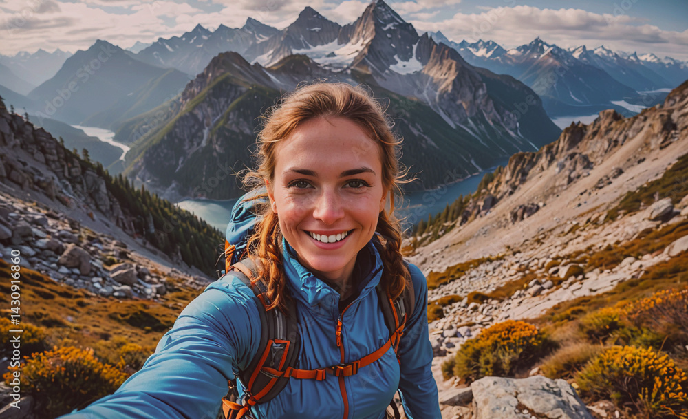 Smiling woman is taking a selfie in front of a mountain range. The photo captures the beauty of nature and the joy of being outdoors Smiling woman is taking a selfie in front of a mountain range. The photo captures the beauty of nature and the joy of being outdoors
