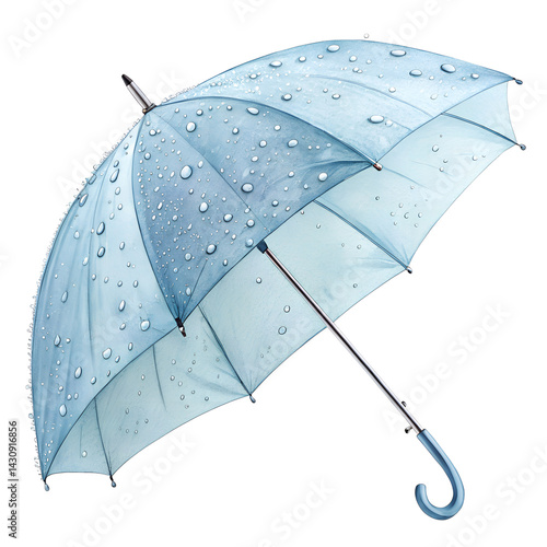 Watercolor Light blue umbrella with rain drops clipart isolated on transparent background