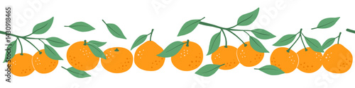 Seamless border with tangerine and leaves isolated on white background, abstract fruits
