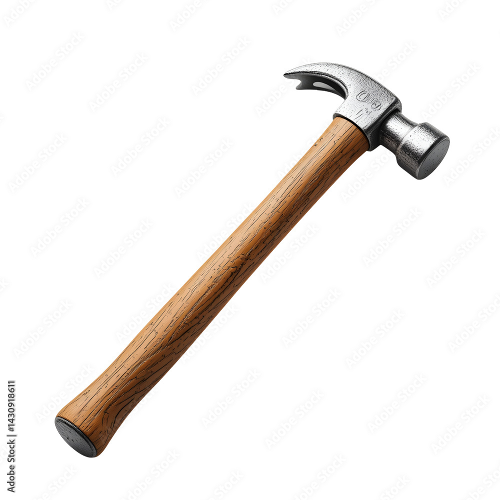 Isolated on a white background, a steel claw hammer, a carpentry work tool with a wooden handle and iron head, lies beside a nail Isolated on a white background, a steel claw hammer, a carpentry work tool with a wooden handle and iron head, lies beside a nail