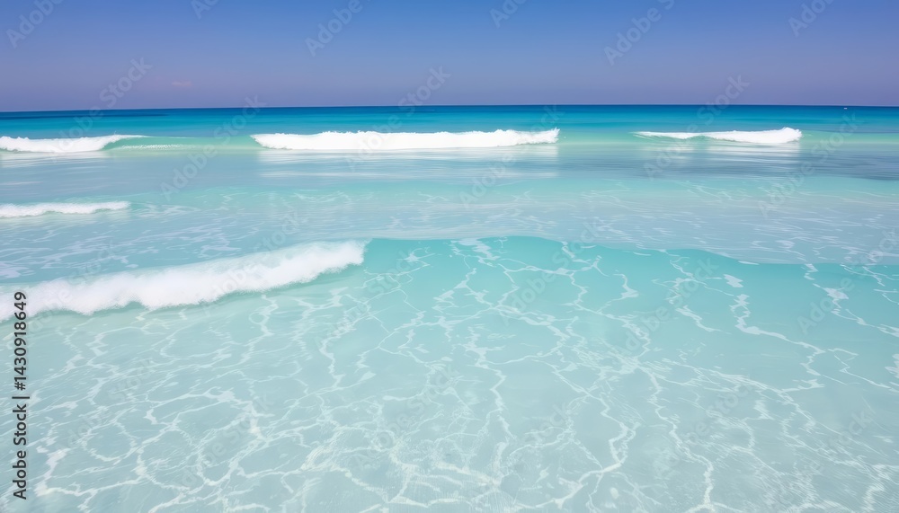 Obraz premium Crystal-clear turquoise waves crash gently on a pristine shore, waves, ocean texture