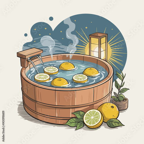 Japanese Yuzu Bath in Wooden Onsen Tub