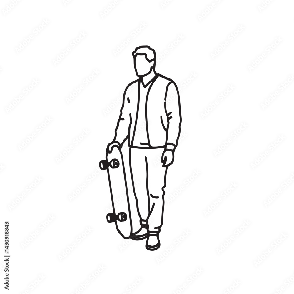 Fototapeta premium Casual Pose Man Skateboard Silhouette - Minimalist Sketch Art - man skateboard silhouette - man skateboard vector - man skateboard doodle - skateboard illustration - man skateboard line art