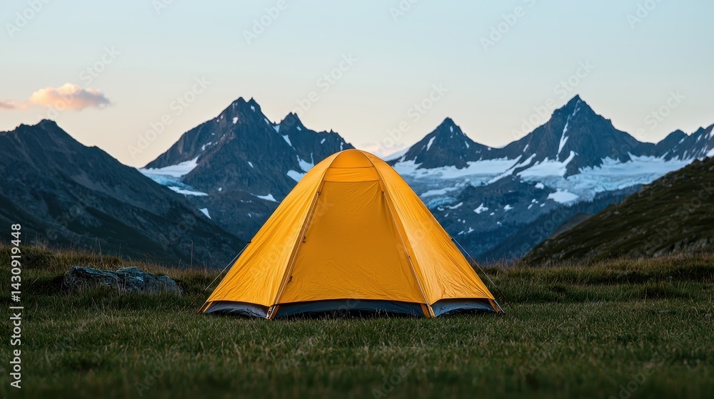 Bright Yellow Tent Set Against Majestic Mountain Range at Dawn in a Serene Nature Landscape Bright Yellow Tent Set Against Majestic Mountain Range at Dawn in a Serene Nature Landscape