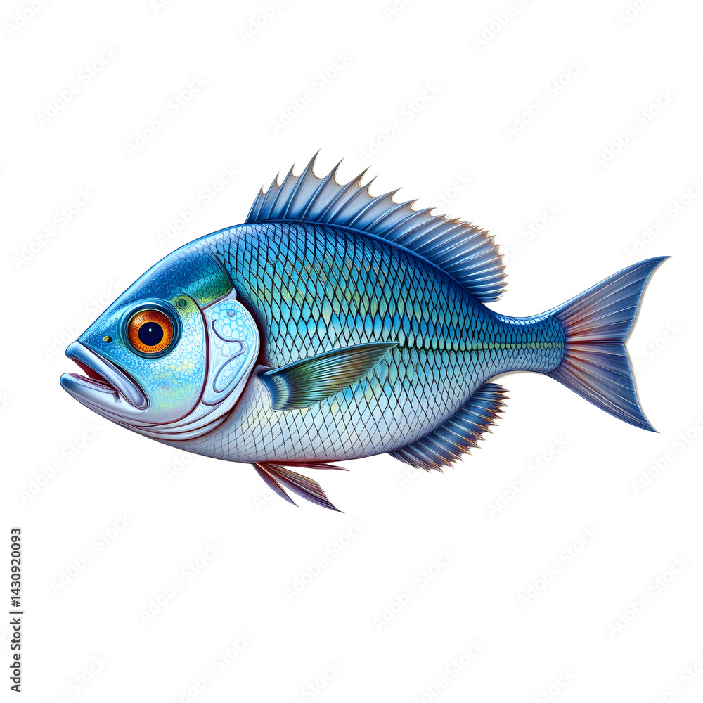 Fototapeta premium blue snapper fish, vibrant scales, bright eye, detailed fins, white background