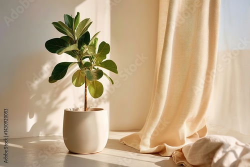 Decorative tall plant positioned beside soft beige curtain in bright interior space