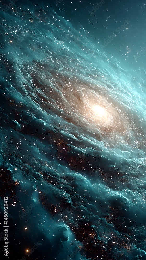 Fototapeta premium Spiral Galaxy Illustration with Glowing Stars and Blue Nebulae in Deep Space