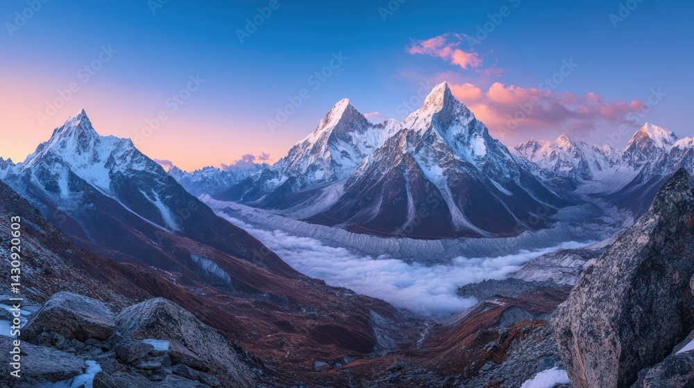 Obraz premium Majestic Himalayan sunset, valley vista, cloudscape, adventure travel, panoramic