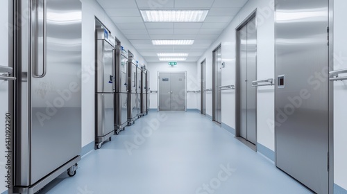 Modern Hospital Corridor with Stainless Steel Refrigerators and Clean Aesthetic in Professional Healthcare Environment