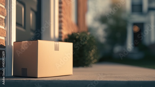 Brown cardboard delivery box on porch step of modern suburban home during golden hour light