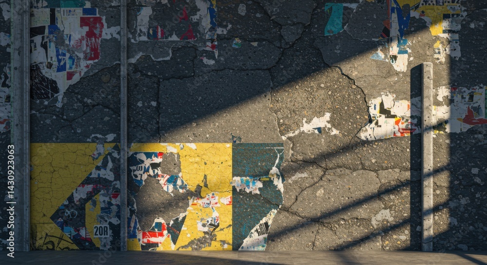 Fototapeta premium Cracked Concrete Wall with Paper and Shadows