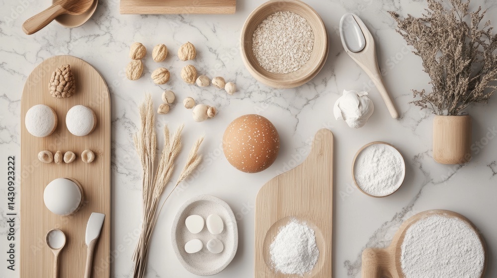 Flat lay of baking ingredients and utensils on neutral background Flat lay of baking ingredients and utensils on neutral background