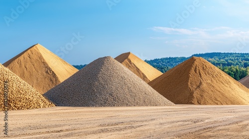 Large Piles of Sand and Gravel under Clear Blue Sky at Construction Site in Nature Setting