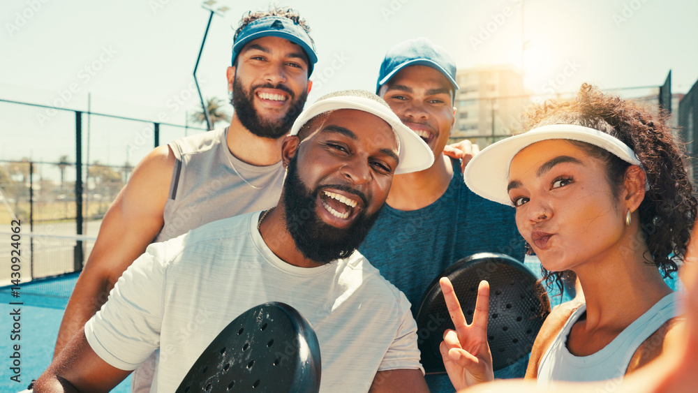 People, smile or selfie on court for tennis, photography or memory on outdoor facility. Padel group, happy friends or sport player with support, peace sign or POV for match, game or capture moment