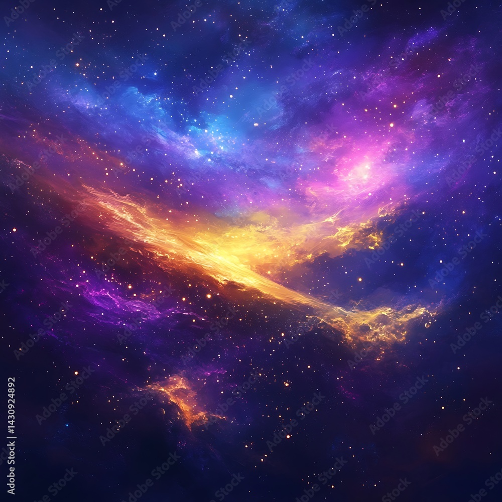 Obraz premium Vibrant Cosmic Nebula With Swirling Colors of Blue Purple and Gold Against Starry Background