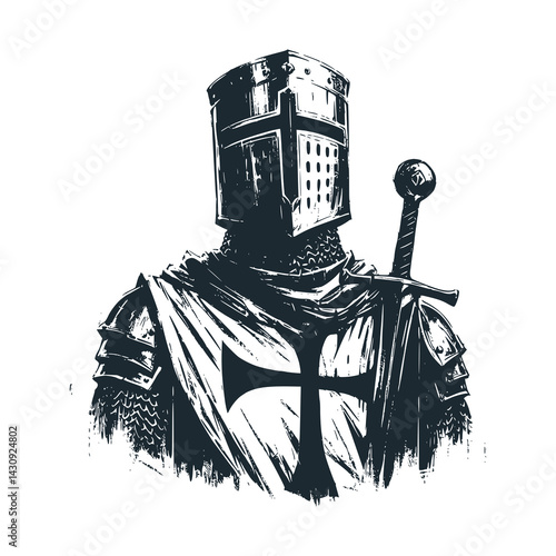 Black White Vector Illustration of Knight Templar Warrior: A Vintage Engraved.