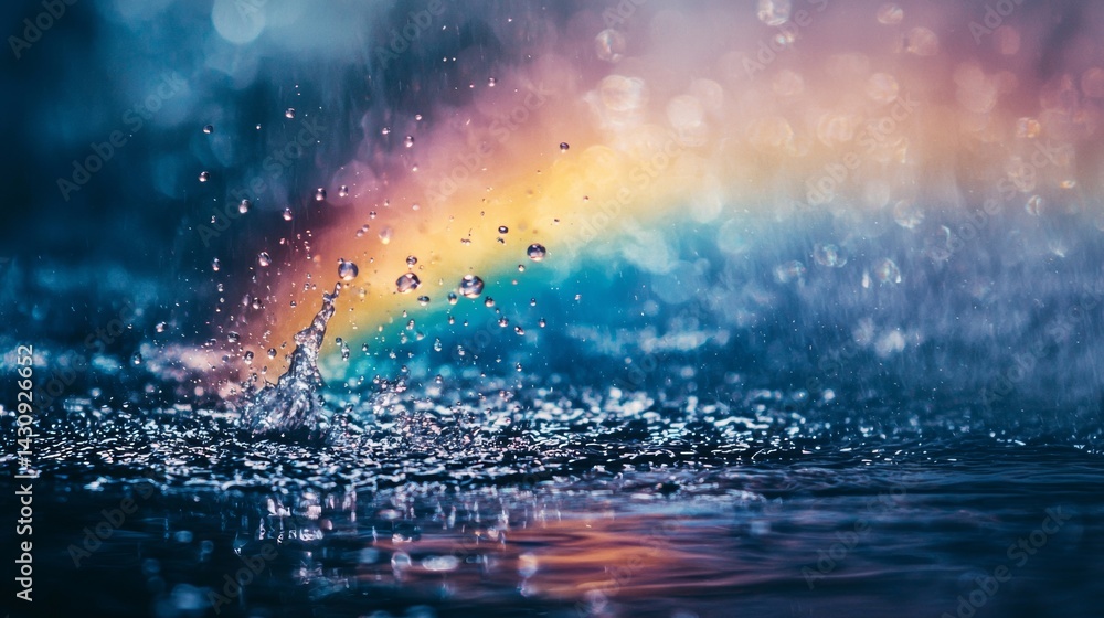 Vibrant rainbow over raindrops on water surface Vibrant rainbow over raindrops on water surface