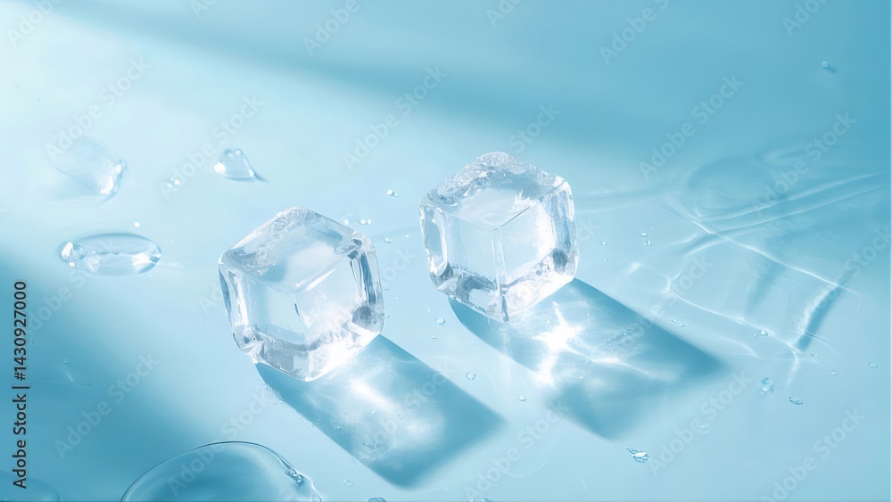 青い背景に配置された透明な氷のキューブ2つと水滴のクローズアップ 青い背景に配置された透明な氷のキューブ2つと水滴のクローズアップ