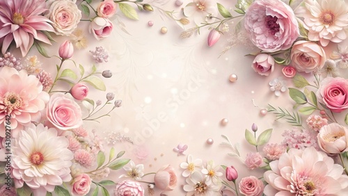 Delicate pink petals scattered around a floral border with intricate details and soft colors, floral patterns, delicate details